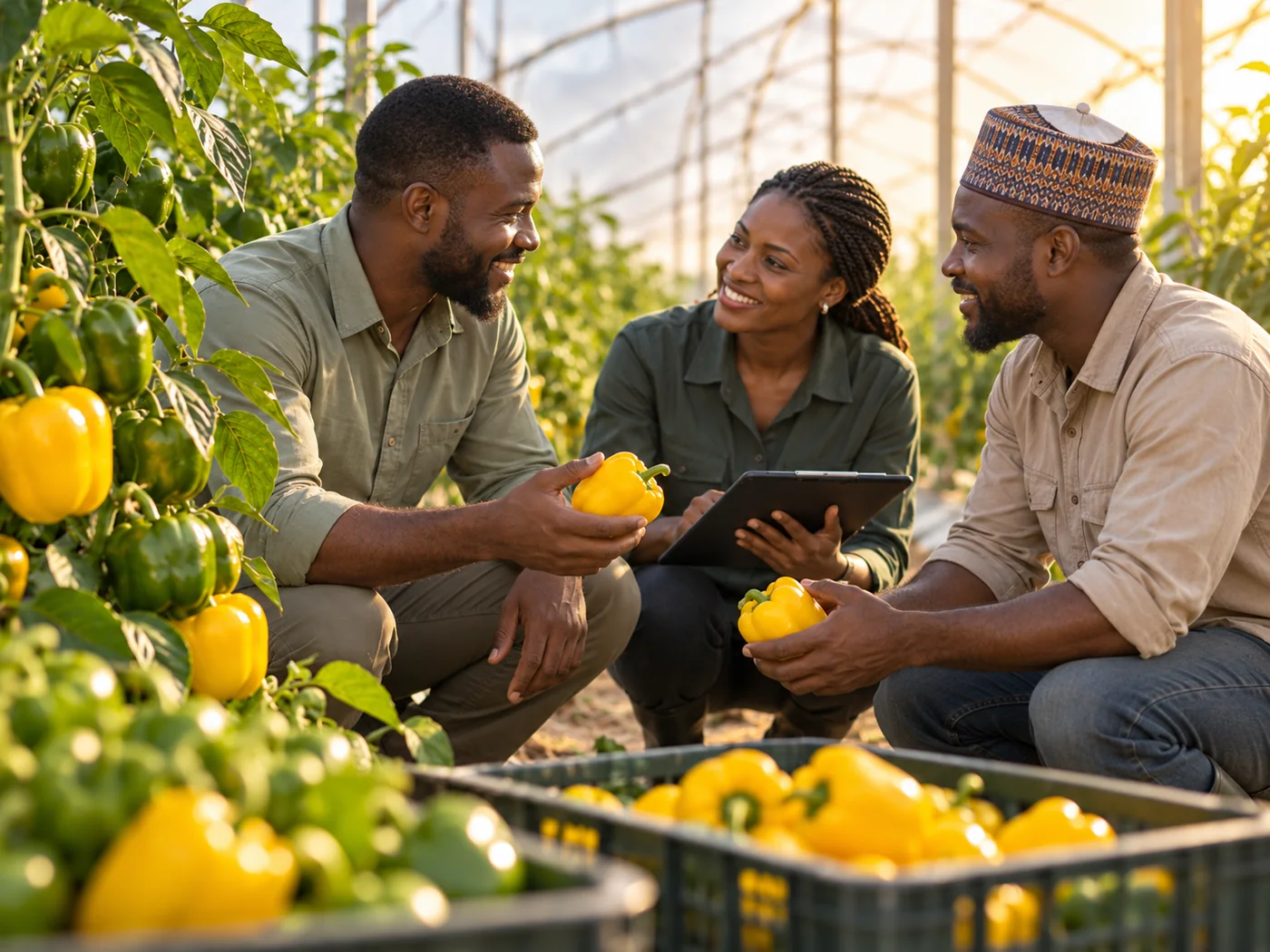 Nigerian agribusiness team discussing bell pepper production