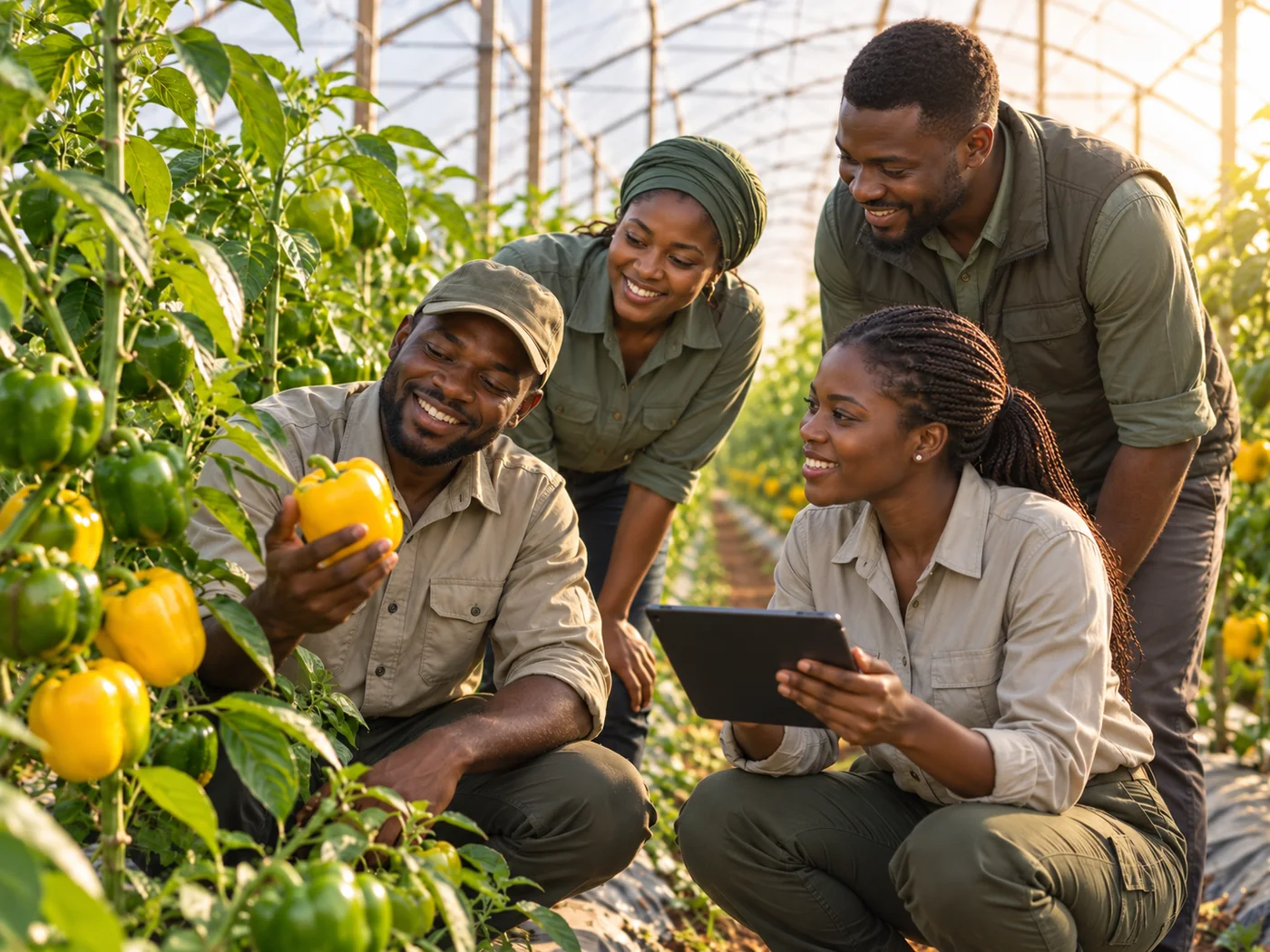 Nigerian agribusiness team inspecting bell peppers